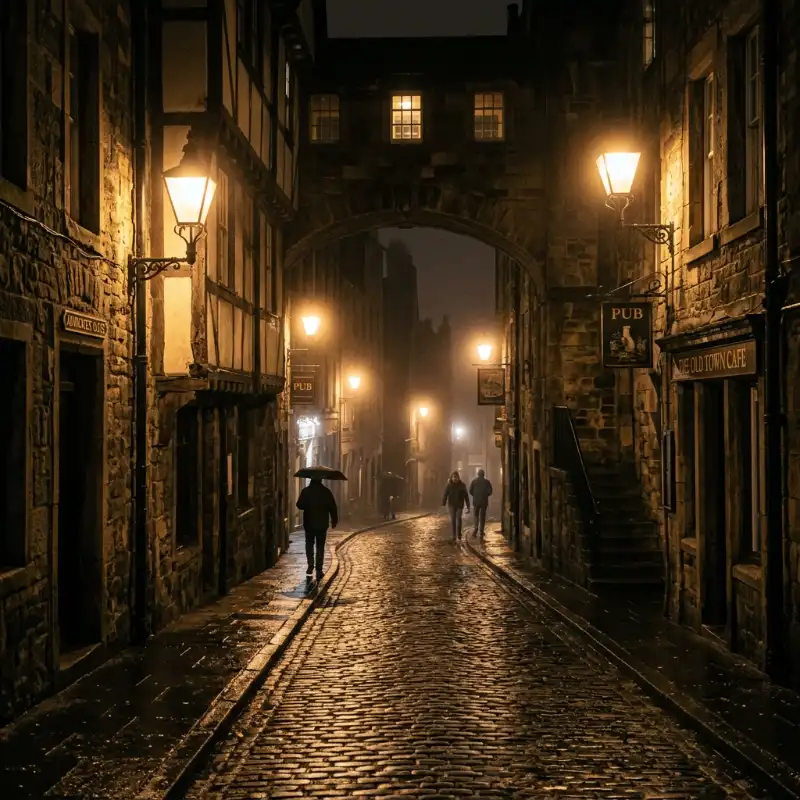 Edinburgh Old Town cobblestone close at night