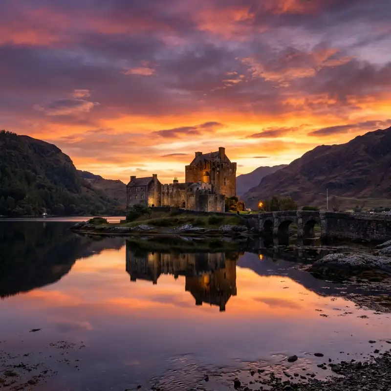 Eilean Donan Castle reflected in still water