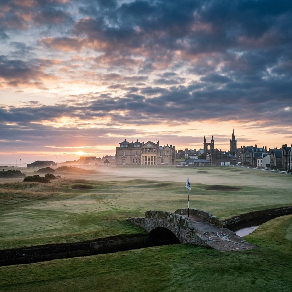 The Old Course in St Andrews with the iconic bridge and historic buildings in the background, representing the route from Edinburgh.