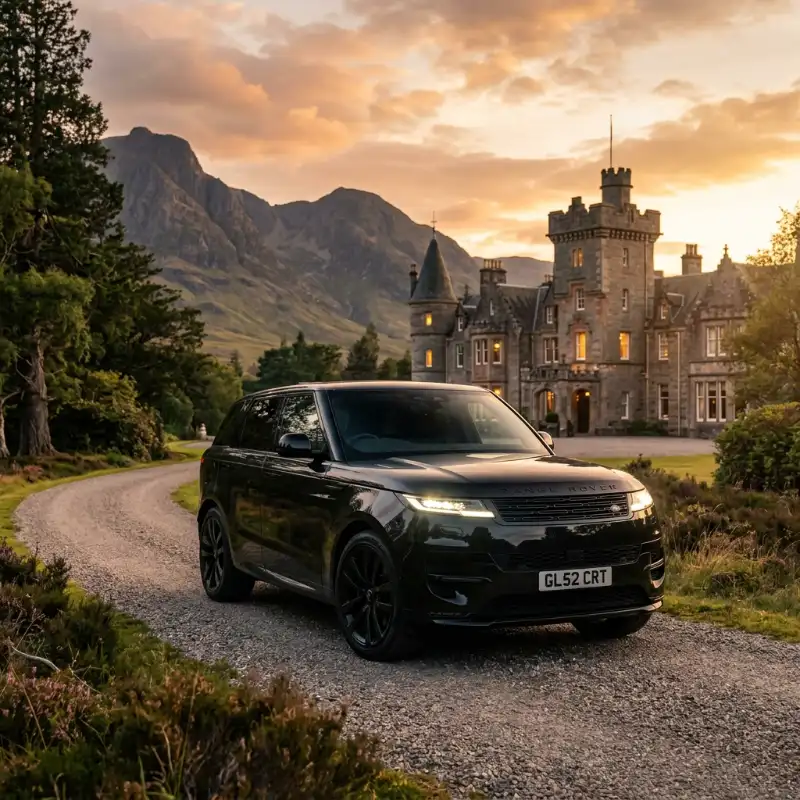 Elegant wedding guests arriving at Scottish castle